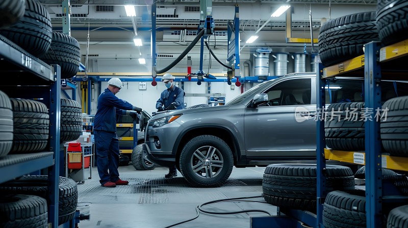 修车工人在车间里更换汽车轮胎