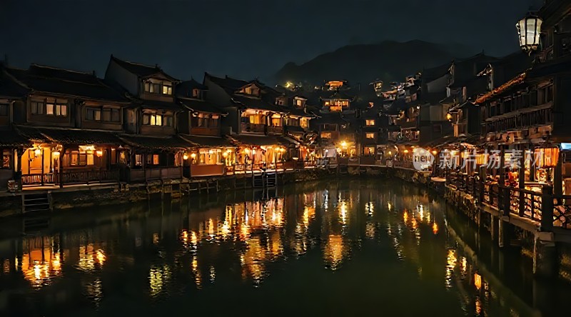 古镇夜景灯火阑珊映水乡