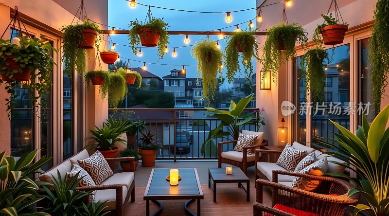 温馨露台绿意盎然灯光璀璨舒适休闲