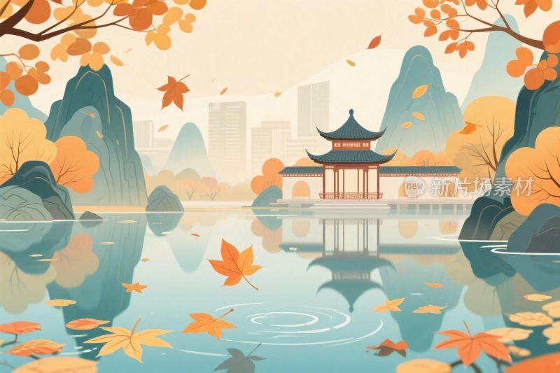 秋景山水古亭插画