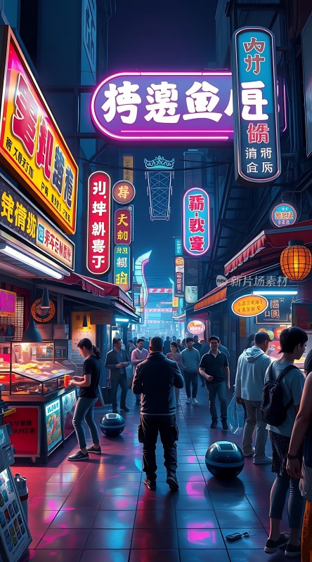 霓虹灯下的繁华夜市
