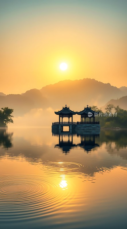 湖畔晨曦映双亭