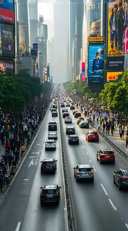繁华都市街道车水马龙高楼林立人群熙攘