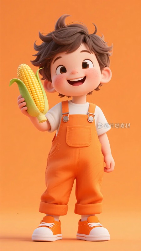 手持玉米的可爱卡通小男孩