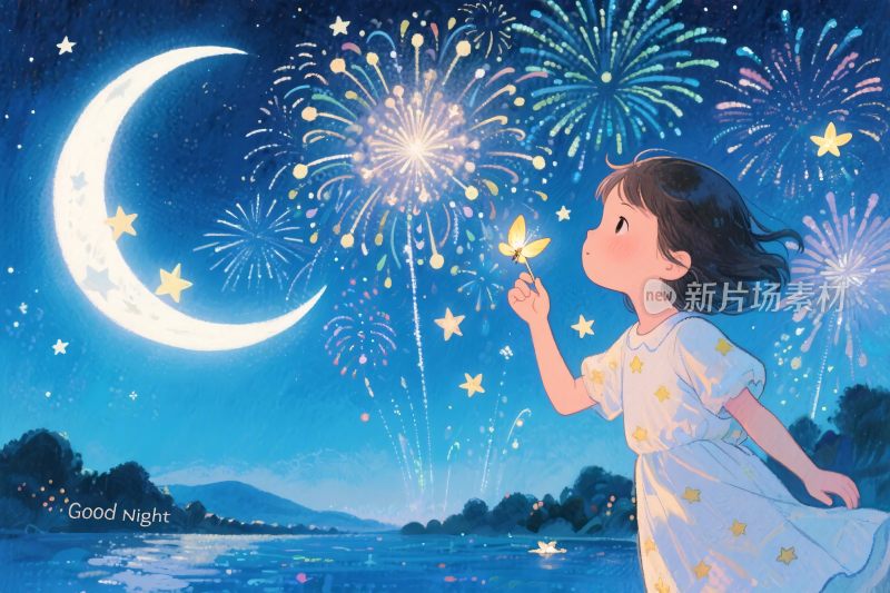 女孩赏烟花追月亮插画