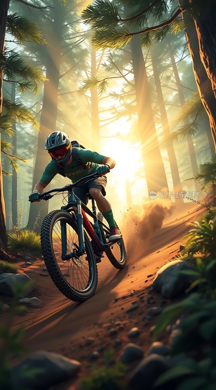 阳光下的骑行者穿越森林小径