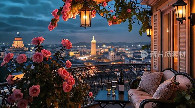 浪漫阳台夜景城市灯光与玫瑰共舞
