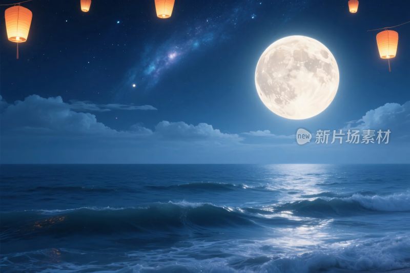 夜晚海面满月灯笼