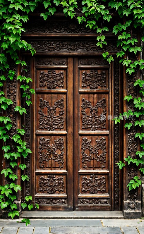 古木门掩映绿藤蔓岁月静好自然与工艺共舞