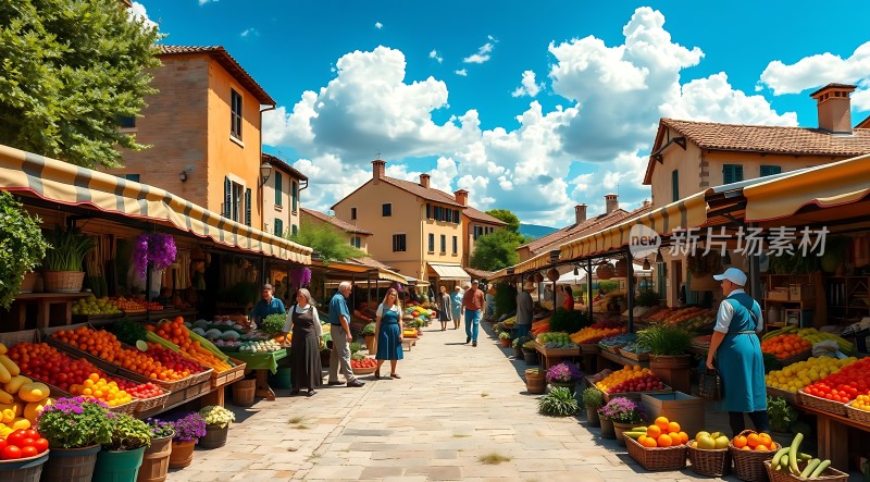 阳光下的蔬果集市色彩缤纷的果蔬和热情的人群