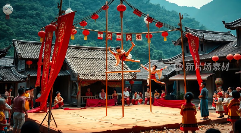 舞者空中飞旋观众围观传统节日庆典