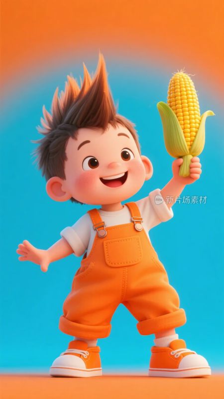 手持玉米的可爱卡通小男孩