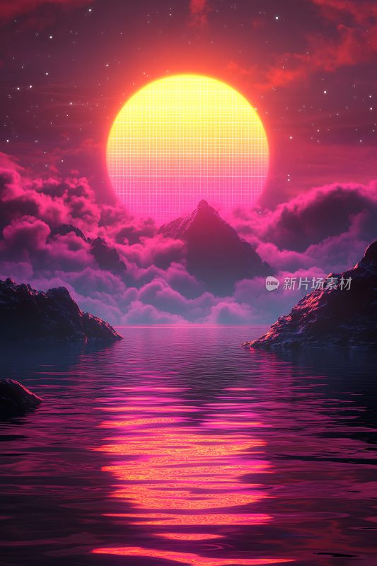 梦幻粉紫日落山水景象