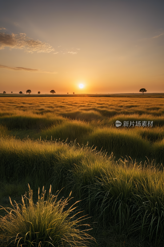 日落时分草地上有树木和灌木丛高清风景图片