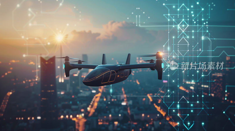 科技感的垂直电动起降飞机飞行在城市上空