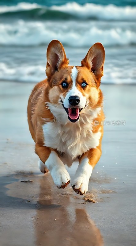 海滩上的快乐柯基犬