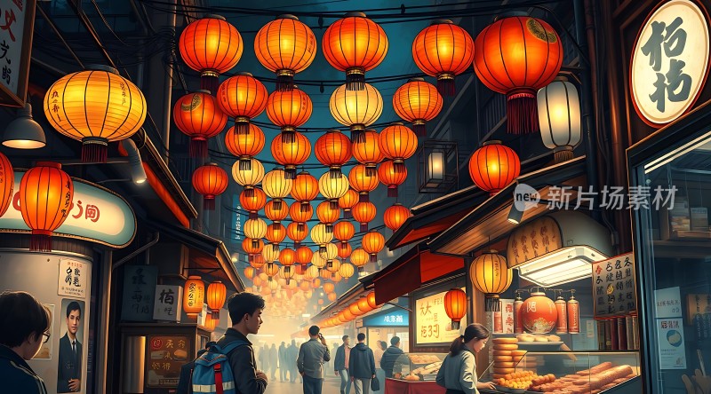 灯笼夜市繁华街景