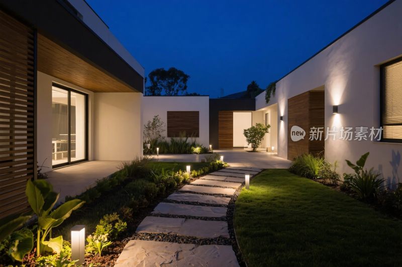 现代住宅庭院夜景