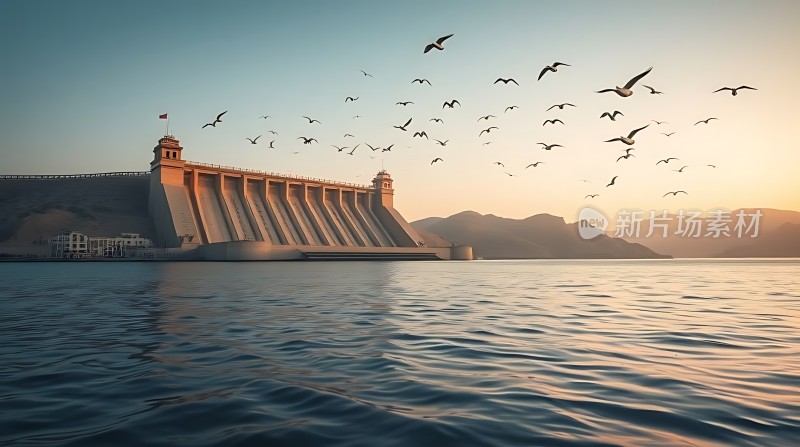 日落下的壮丽大坝与飞翔的海鸥