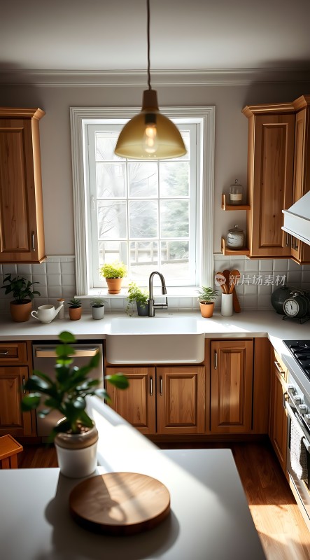 阳光洒满温馨厨房绿植点缀木制橱柜