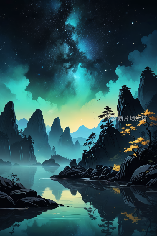 夜晚有山有湖的风景高清插画图片