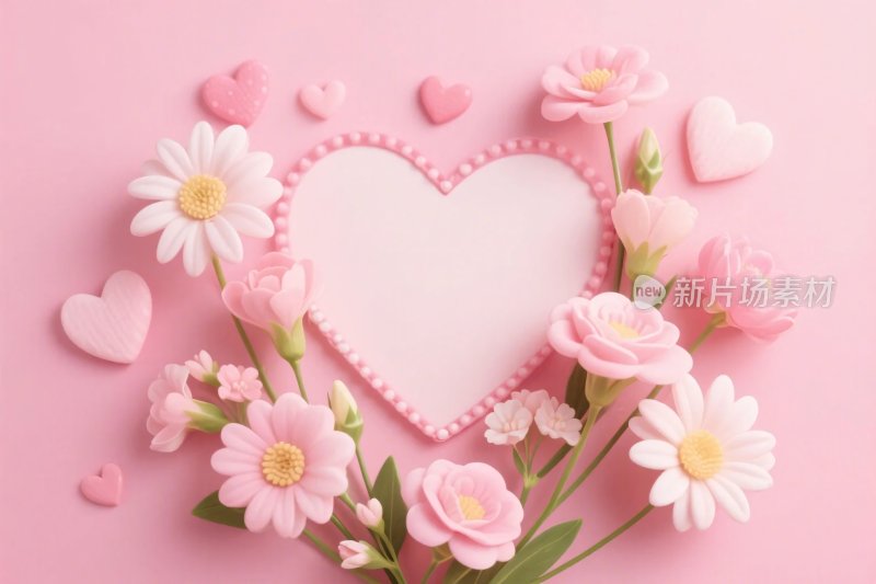 粉色鲜花爱心相框装饰图