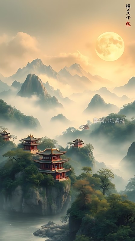 东方古韵山川楼阁云雾缭绕明月高悬