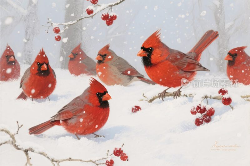 雪地红雀群插画