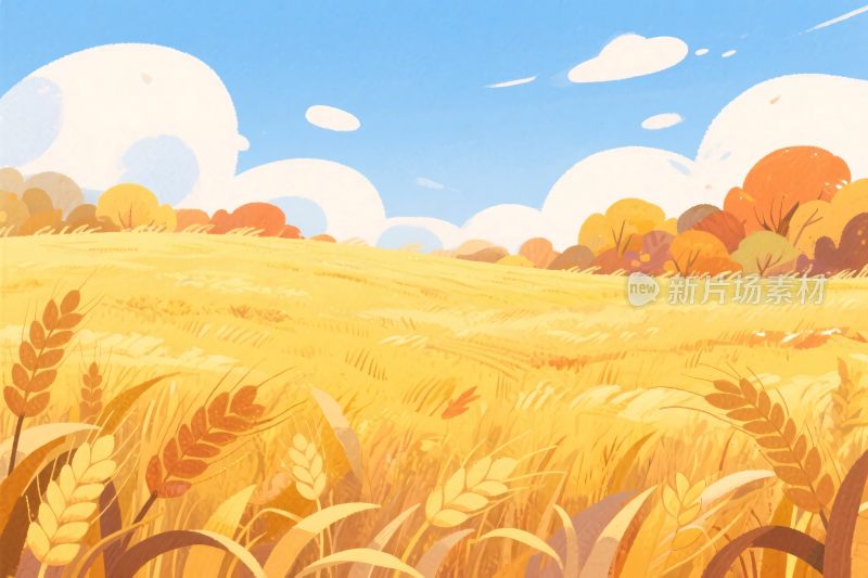 秋日麦田插画风景