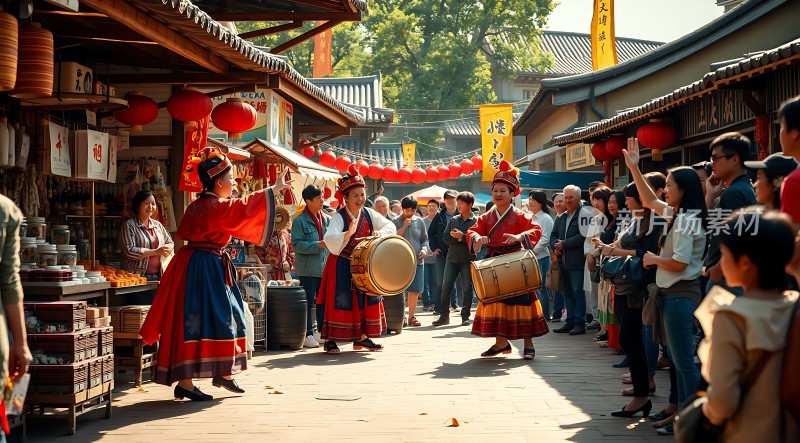 传统节日街头表演观众围观热闹非凡