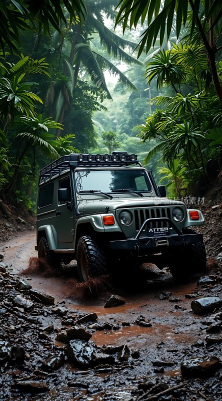 丛林探险越野车穿越泥泞小径