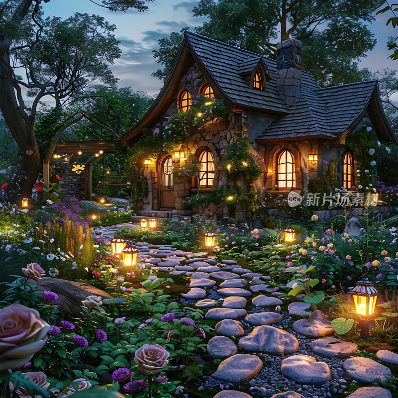 童话小屋石径花丛下的温馨家园