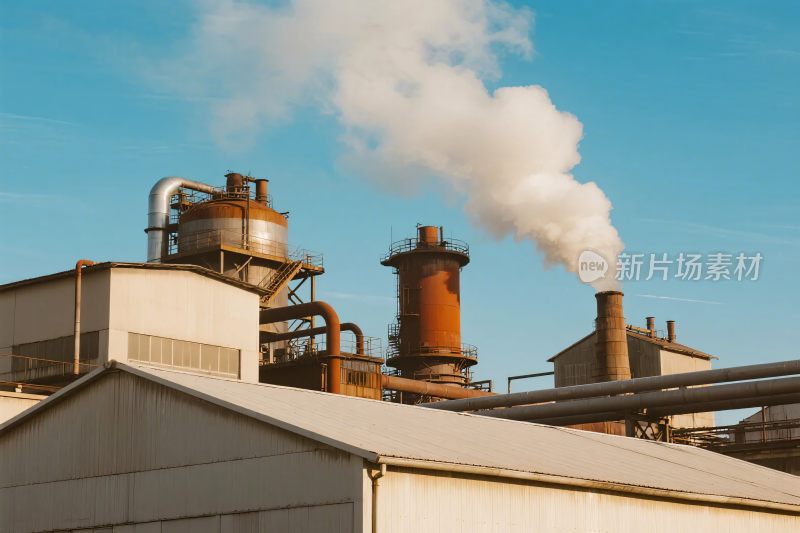 工厂烟囱排放白色烟雾景象
