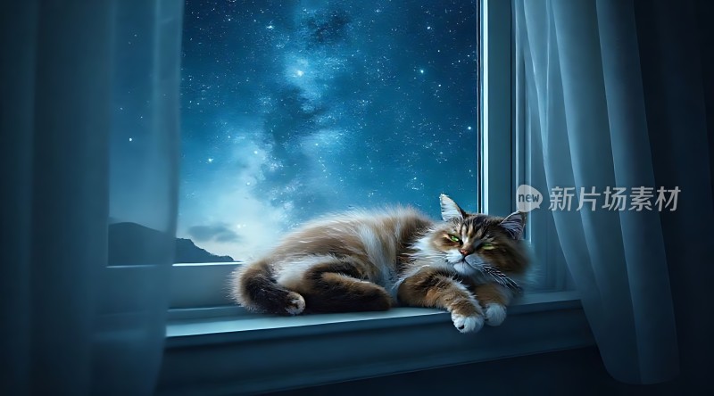 窗前夜色猫咪望星空