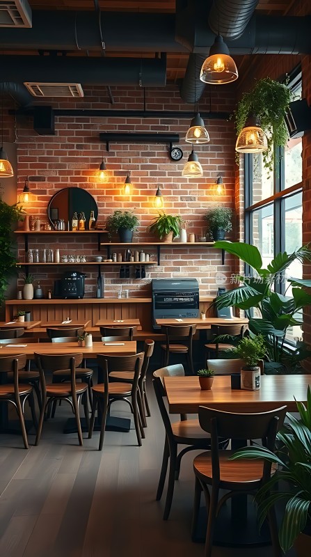温馨咖啡馆砖墙绿植木桌椅营造舒适氛围