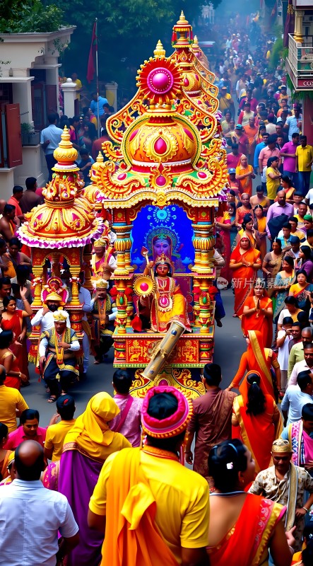 印度街头节庆盛况色彩斑斓的游行队伍华丽神像引人注目
