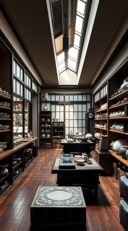 古色古香瓷器店木制家具与陶瓷艺术品展示