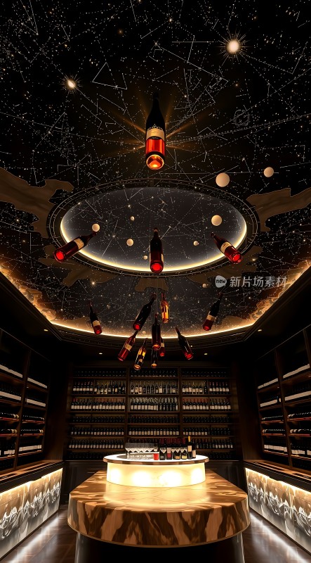 星空酒窖悬浮酒瓶与璀璨夜空