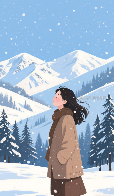 扁平风格冬天雪地里的女孩插画