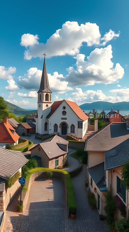 蓝天白云下的教堂小镇