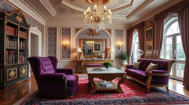 豪华客厅紫色沙发精美吊灯古典装饰