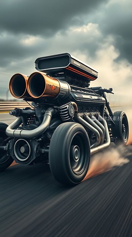 黑色赛车疾驰而过双排气管喷出浓烟背景为乌云密布的天空