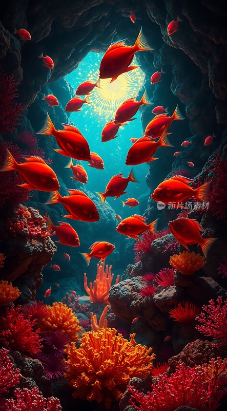海底世界奇观红鱼游弋珊瑚丛中