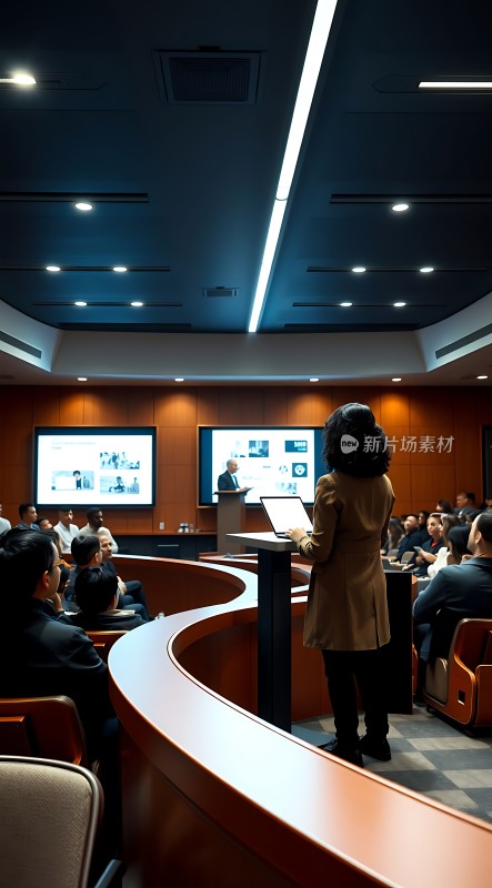 商务会议现场女士在讲台前演讲观众专注聆听