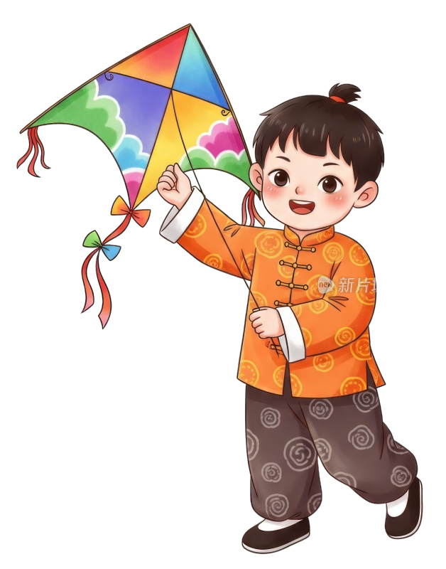 穿着传统服饰玩风筝的男孩