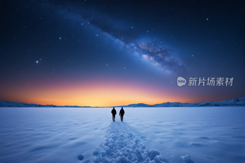 有两个人在雪地里走向星星高清风景图片