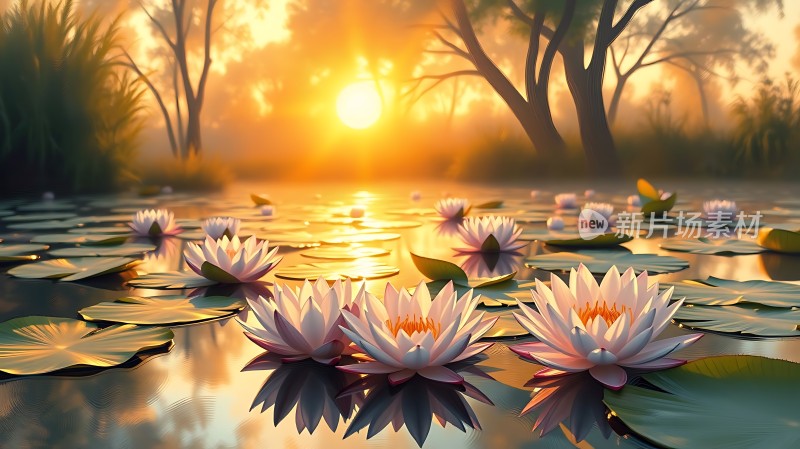 湖畔晨光映荷花