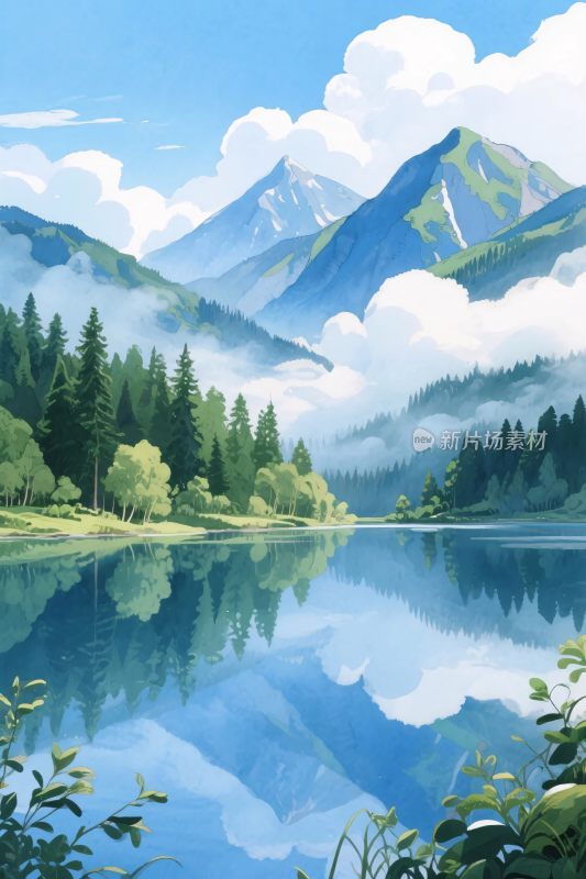 山水湖泊风景插画