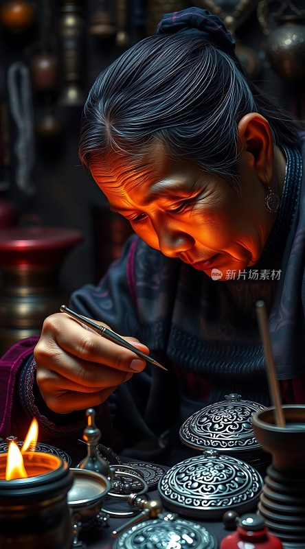 银饰匠人专注手工雕刻