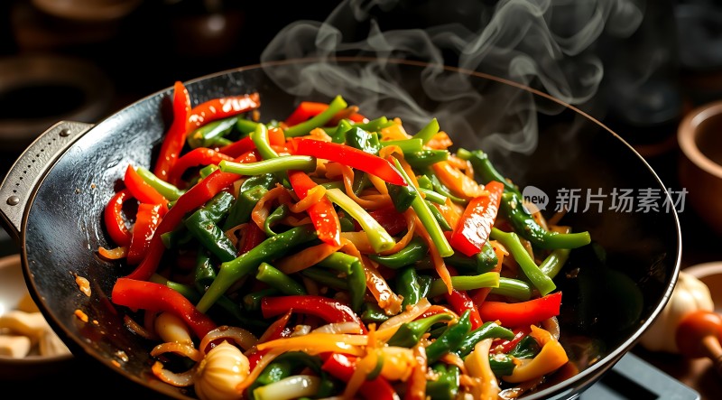 铁锅蔬菜大杂烩热气腾腾色彩鲜艳营养丰富